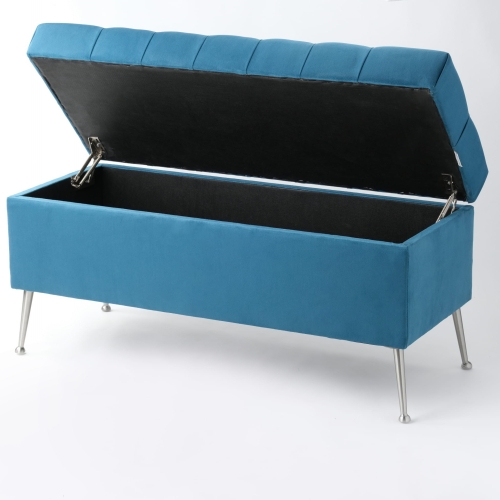 Stilvoller gesteppter Pouf mit Behälter in Blau auf schlanken Beinen
