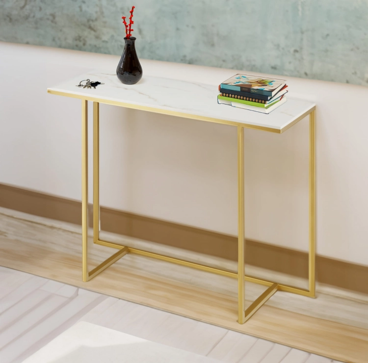 moderne goldene Konsole mit Steinplatte und Stahlstruktur für den Flur