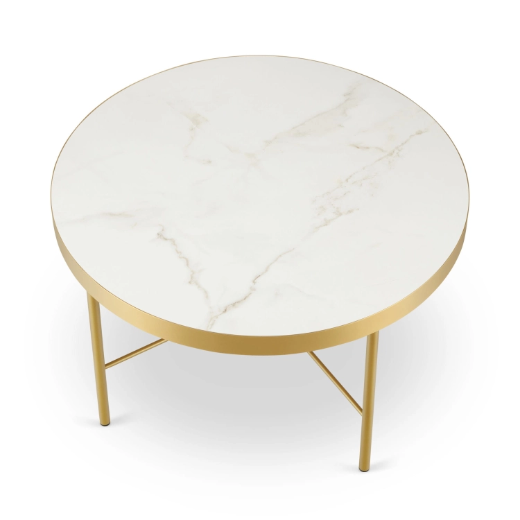 Stilvoller runder Couchtisch mit Marmorplatte und goldenem Sockel