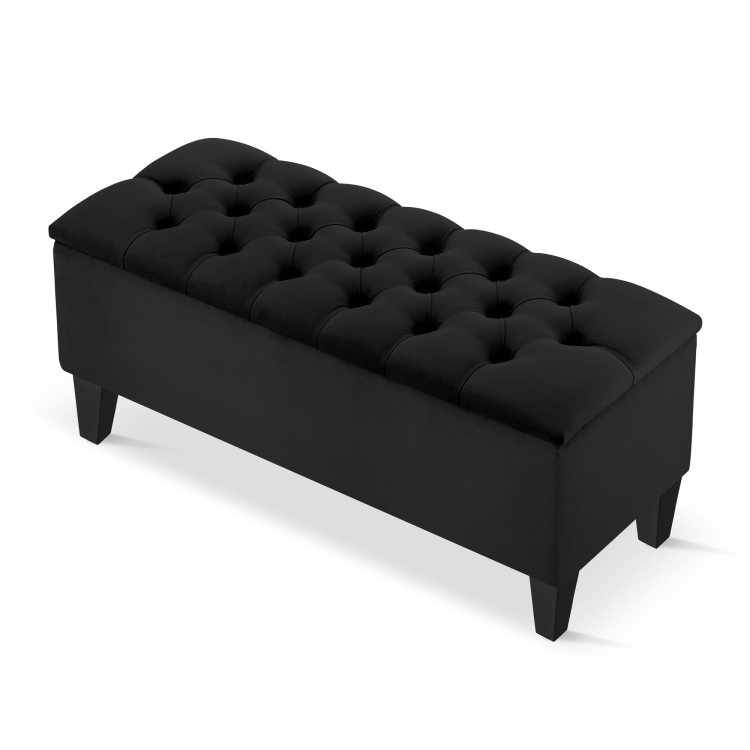 Stilvoller schwarzer gesteppter Pouf mit Stauraum, perfekt für ein Wohnzimmer oder Schlafzimmer