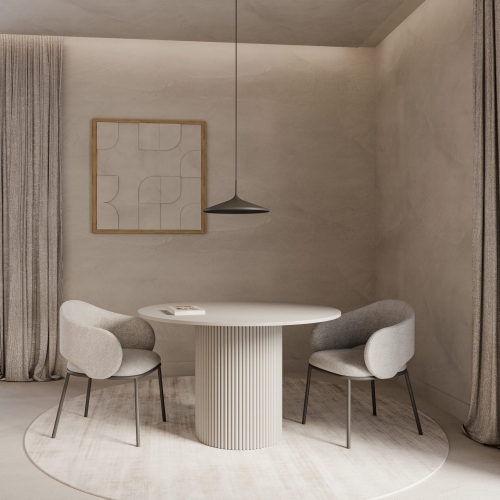 Stilvoller Esstisch aus Kaschmir, kannelierte Beine und runde Platte, minimalistisches Design