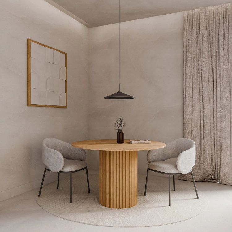 Designer-Esstisch aus Holz, runde Platte und kanneliertes Untergestell in einem