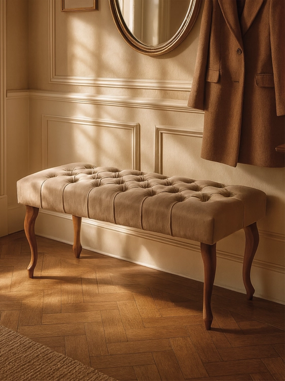 Pikowana ławka w kolorze latte – elegancki i ciepły mebel do salonu, sypialni lub przedpokoju