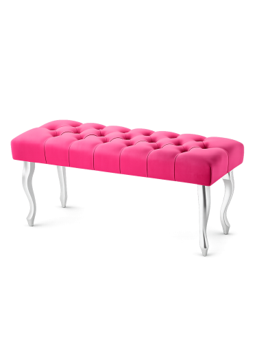Elegante, gesteppte Sitzbank in leuchtendem Fuchsia mit silbernen Beinen.