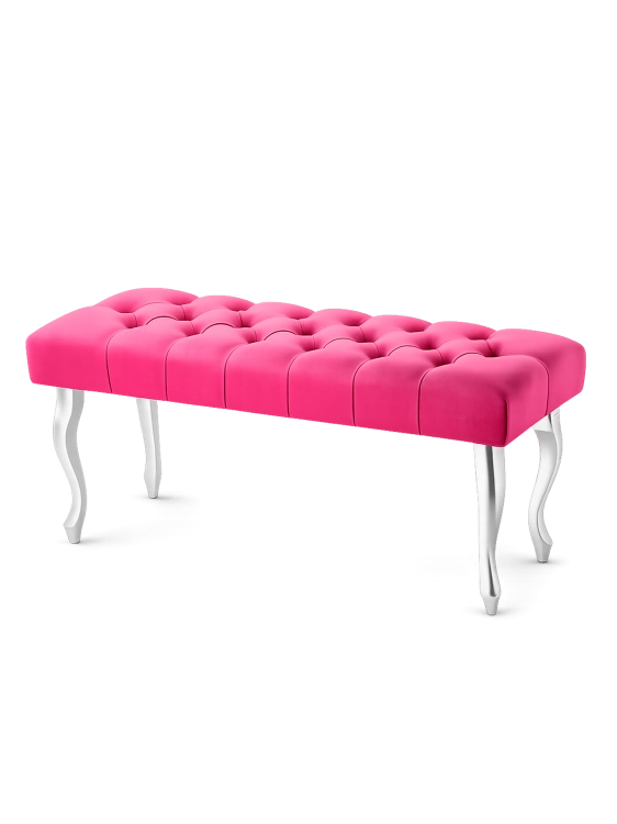 Elegante, gesteppte Sitzbank in leuchtendem Fuchsia mit silbernen Beinen.