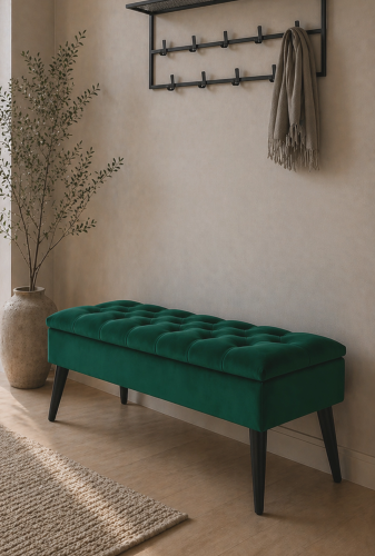 Gesteppter flaschengrüner Pouf mit Stauraum, elegant und geräumig