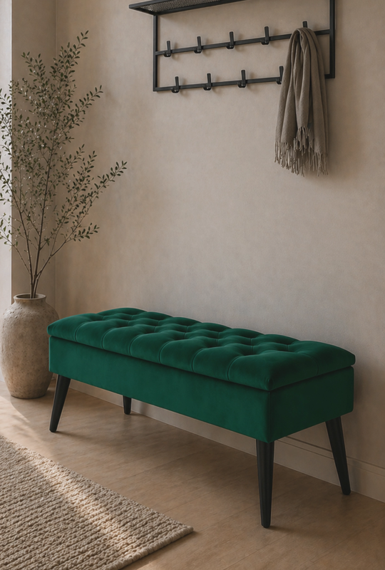 Gesteppter flaschengrüner Pouf mit Stauraum, elegant und geräumig