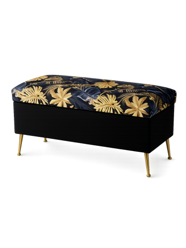 Gesteppter Pouf mit Stauraum, schwarz mit Blattgoldmotiv