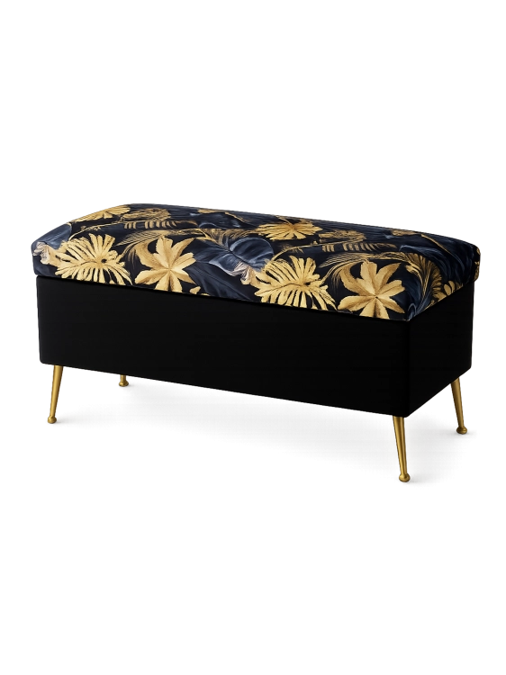 Gesteppter Pouf mit Stauraum, schwarz mit Blattgoldmotiv