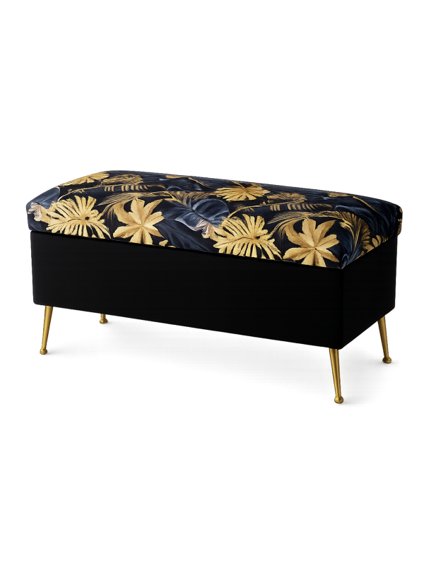 Gesteppter Pouf mit Stauraum, schwarz mit Blattgoldmotiv