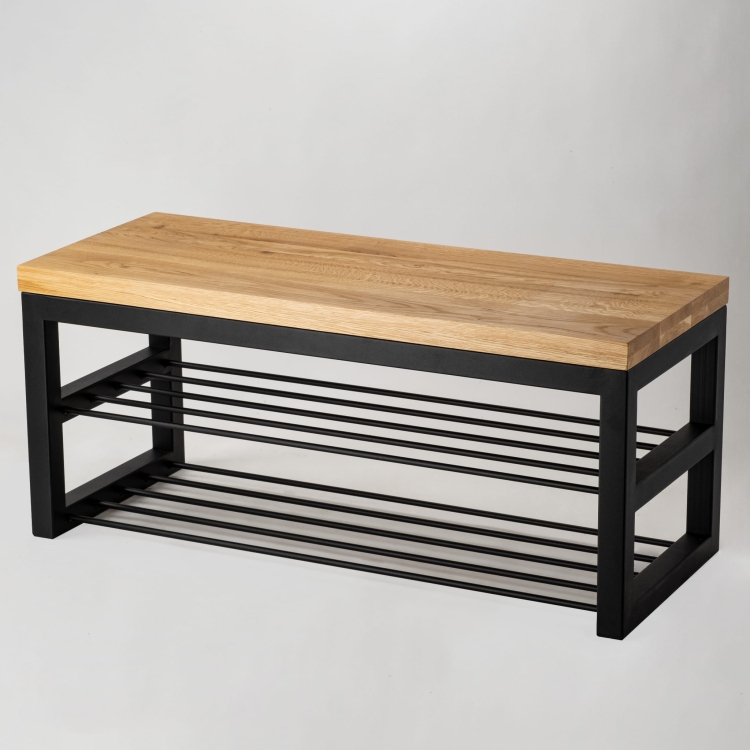 Industrielle Bank mit Holzplatte und Metallgestell