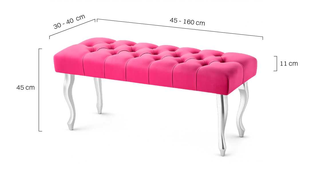 Elegante, gesteppte Sitzbank in leuchtendem Fuchsia mit silbernen Beinen.